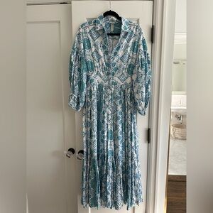 EVARAE Elegant Blue and White Long Sleeve Dress